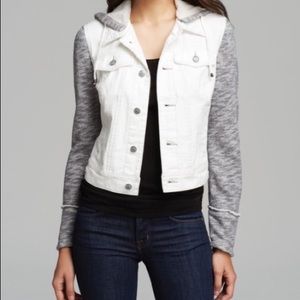 Distressed Denim Jacket with Knit Hoodie